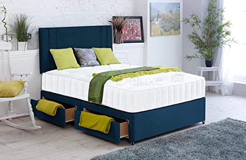 PLAIN VELVET DIVAN BED with ORTHOPAEDIC MEMORY FOAM MATTRESS and 20 INCH SAVANNAH VERTICAL TWO-LINE HEADBOARD!!! (BLUE, 4FT - 2 DRAWER SAME SIDE) Comfy Deluxe LTD