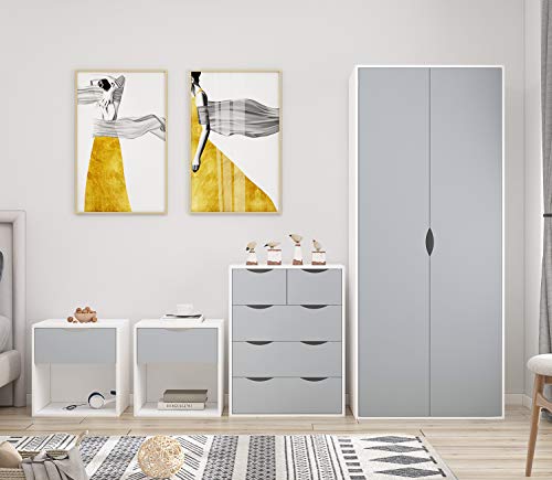 AFN Home Delvito 4 Piece Bedroom Furniture Set - Includes Wardrobe, 5 Drawer Chest, Bedside Cabinet (Grey on White) AFN Home