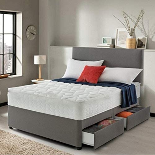 GHOST BEDS Lavish Grey Suede Divan Bed Set with Quilted 10 Inch Memory Collection Mattress and 20 Inch Headboard (Small Double 4FT, 2 Drawers) GHOST BEDS