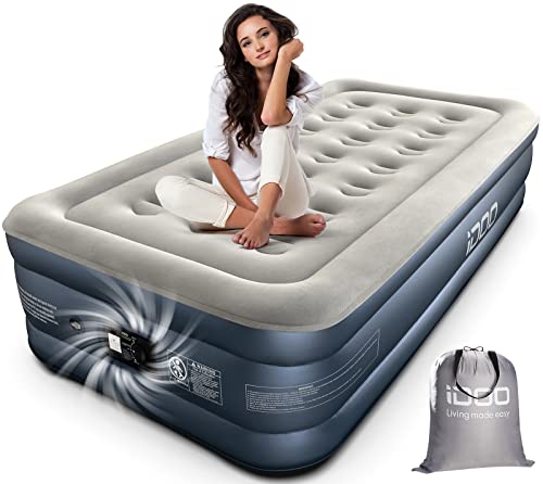 iDOO Single Air Bed, Inflatable Mattress with Built-in Electric Pump, 3 Mins Quick Self-Inflation/Deflation Guest Air Mattress, Blow Up Camping Bed for Home Portable Travel 190x100x46cm 250kg MAX iDOO