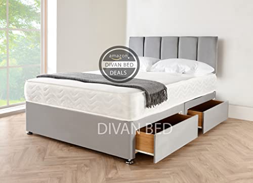 DivanBedsDeals Grey Suede Memory Foam Divan Bed Set with 10” Spring Memory Foam Mattress Matching Colour Headboard and 2 Storage Drawers 4FT6 Double Divan Bed (4FT6 Double, 2 Drawers) DivanBedsDeals