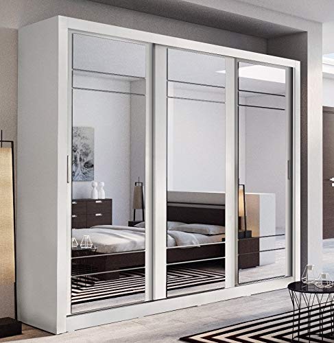 Arthauss Modern Bedroom Mirrored Sliding Door Wardrobe ARTI 2 in White Matt 250cm - Flat Pack Mirrored Wardrobe with Hanging Rails and Spacious Drawers - Ideal for Compact Spaces Arthauss