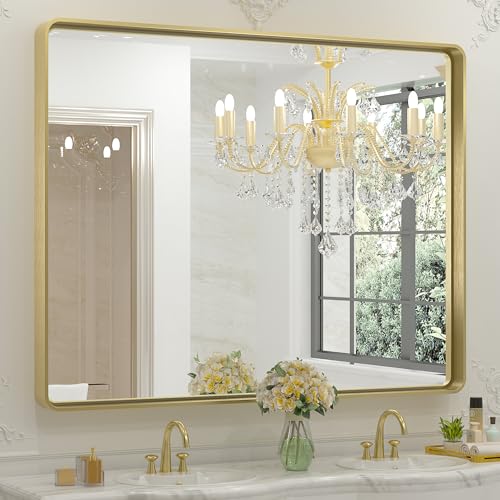 TETOTE 42x36 Inch Gold Mirror for Bathroom, Brushed Metal Frame Vanity Mirror, Brass Gold Rectangle Modern Decorative Wall Mirrors for Entryway Shatterproof (Horizontal/Vertical) TETOTE