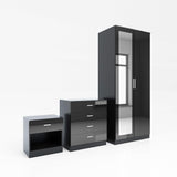 ELEGANT 3 Pieces Bedroom Furniture Sets High Gloss Soft Close Wardrobe with Mirror + 4 Storage Drawer Chest of Drawers Bedside Cabinet, Black and Set ELEGANT