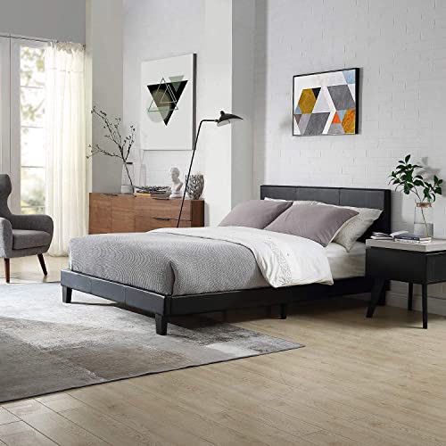 Modernique Black Faux Leather Low End Bed Frame in 4ft6 Double Sized, High Headboard with Sprung Wooden Slatted Bed Base Modernique