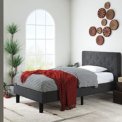 Zinus Shalini Single Bed frame - Bed 90x190 cm - 35 cm Height - Upholstered Platform Bed frame with Wood slat support - Dark Grey ZINUS