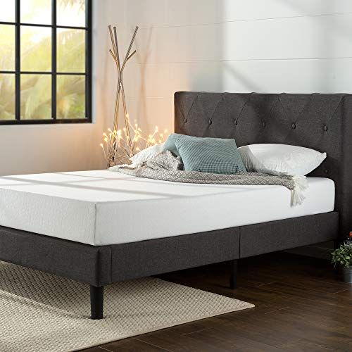 Zinus Shalini Double Bed frame - Bed 135x190 cm - 35 cm Height - Upholstered Platform Bed frame with Headboard and Wood slat support - Dark Grey ZINUS