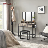 VASAGLE Dressing table with 3-piece folding mirror, hair dryer holder, cosmetic table with padded stool, 3 drawers, industrial design, greige and black, RVT004B02 VASAGLE