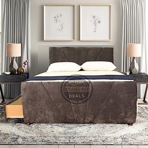 Divan Beds Deals Brown Crushed Velvet bed with 2 storage drawers (same Right Side) and a 10-inch spring memory foam mattress-divan bed with 26 Inches High Sunrise Liner Headboard & Footboard (5FT) Divan Beds Deals