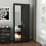 ELEGANT 3 Pieces Bedroom Furniture Sets High Gloss Soft Close Wardrobe with Mirror + 4 Storage Drawer Chest of Drawers Bedside Cabinet, Black and Set ELEGANT