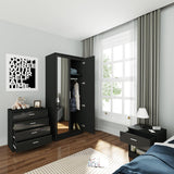 ELEGANT 3 Pieces Bedroom Furniture Sets High Gloss Soft Close Wardrobe with Mirror + 4 Storage Drawer Chest of Drawers Bedside Cabinet, Black and Set ELEGANT