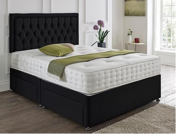 SANA SLEEP Designer Damask Memory Foam Divan Bed Set With Mattress, 2 Drawers (Same Side) and Headboard 4FT Small Double - Damask Black SANA SLEEP