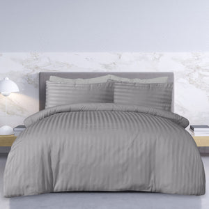 Sleepdown Premium Hotel Quality 100% Cotton Satin Stripe Duvet Cover Set with Pillowcases Quilt Bedding Soft Easy Care Luxury Bed Linen - Grey - Double (200 cm x 200 cm) Sleepdown