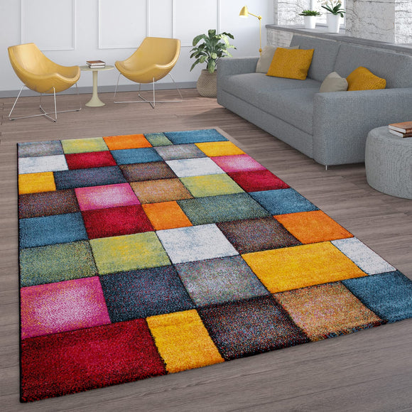Paco Home Short-Pile Living Room Rug Check Design Colourful Squares Multi-Coloured Colourful, Size:120x170 cm Paco Home