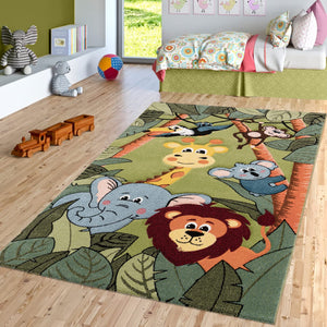 Children's Rug Play Rug Cute Circus Animals Tiger Lion Monkey Playful In Green And Multicolour, Size:80x150 cm TT Home