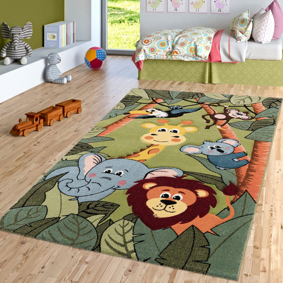 Children's Rug Play Rug Cute Circus Animals Tiger Lion Monkey Playful In Green And Multicolour, Size:80x150 cm TT Home