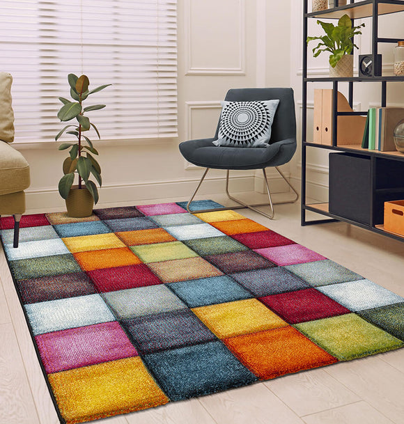 the carpet Monde Deluxe Living Room Rug, Hand Carved, Short Pile, Colourful, Blue, Red, Brown, Green, Grey, Square Pattern, 160 x 230 cm the carpet