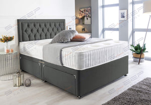 Sleep Factory's Charcoal Suede Chesterfield Divan Bed Set & Memory Foam Mattress 3FT Single 4FT6 Double 5FT King- (5.0FT (King Size), 2 Drawers Same Side) Sleep Factory Ltd