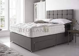 Beds land Linen Look Grey Double Divan Bed with Mattress and Headboard in a modern bedroom setting.