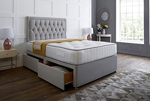Silver Plush Memory Foam Divan Bed Set with Tufted Mattress, 2 Drawers, and Headboard (5FT Kingsize) in Elegant Bedroom.