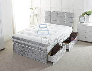 Comfy Deluxe Silver Crushed Velvet 5FT King Size Divan Bed with Mattress and Headboard in a Bright Bedroom