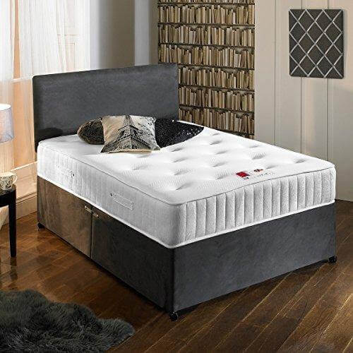 Sleep Factory luxury suede divan bed with orthopaedic tufted mattress in charcoal grey with headboard in a modern bedroom.