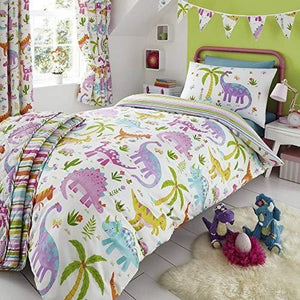 Happy Linen Company Jurassic Pink T-Rex Dino White Reversible Double Duvet Cover - We Love Our Beds